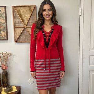 Sonia Rykiel Vibrant Parisian chic red knit dress with lace up ruffle, Spring